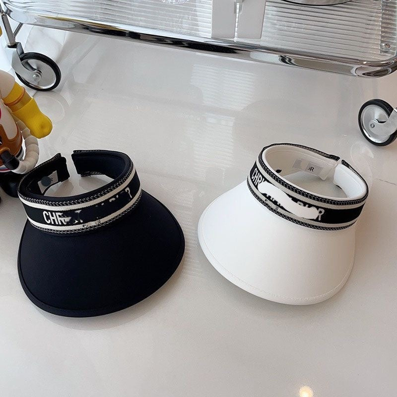 【#A600】Women's Wide Brim Sun Visor Hat With Contrast Letter Strap, Outdoor Cycling UV Protection Empty Top Cap