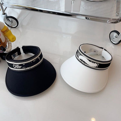 【#A600】Women's Wide Brim Sun Visor Hat With Contrast Letter Strap, Outdoor Cycling UV Protection Empty Top Cap