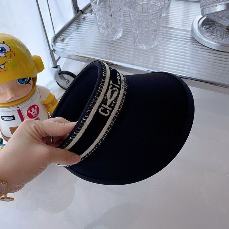 【#A600】Women's Wide Brim Sun Visor Hat With Contrast Letter Strap, Outdoor Cycling UV Protection Empty Top Cap