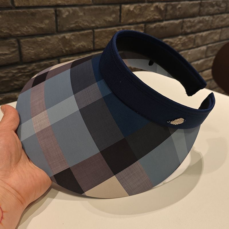 【#A604】Women's Retro Plaid Wide Brim Sun Visor Hat, Breathable Outdoor Empty Top UV Protection Cap