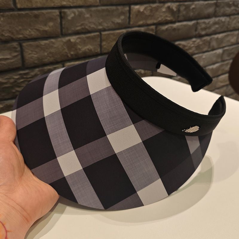 【#A604】Women's Retro Plaid Wide Brim Sun Visor Hat, Breathable Outdoor Empty Top UV Protection Cap
