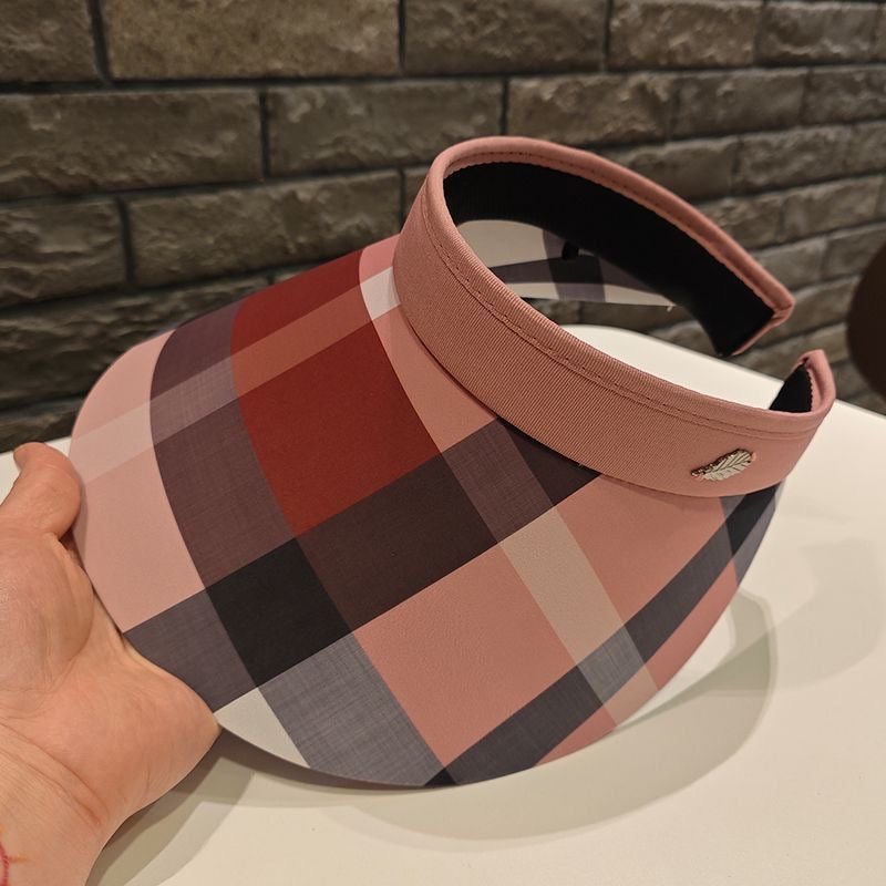 【#A604】Women's Retro Plaid Wide Brim Sun Visor Hat, Breathable Outdoor Empty Top UV Protection Cap