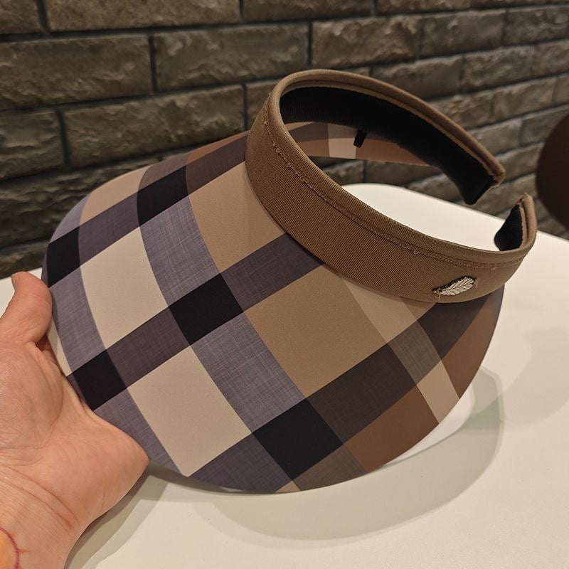 【#A604】Women's Retro Plaid Wide Brim Sun Visor Hat, Breathable Outdoor Empty Top UV Protection Cap