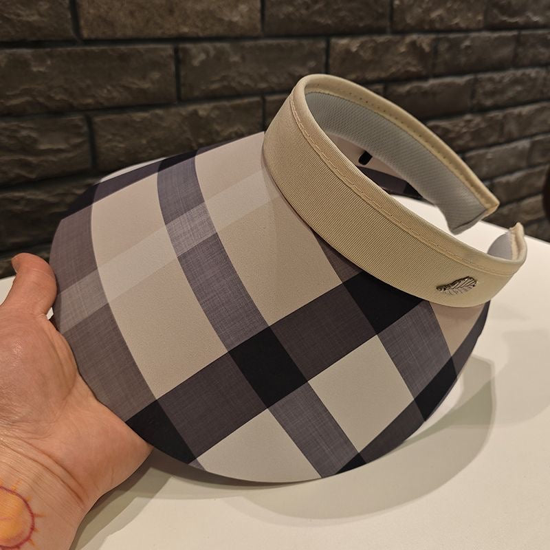 【#A604】Women's Retro Plaid Wide Brim Sun Visor Hat, Breathable Outdoor Empty Top UV Protection Cap