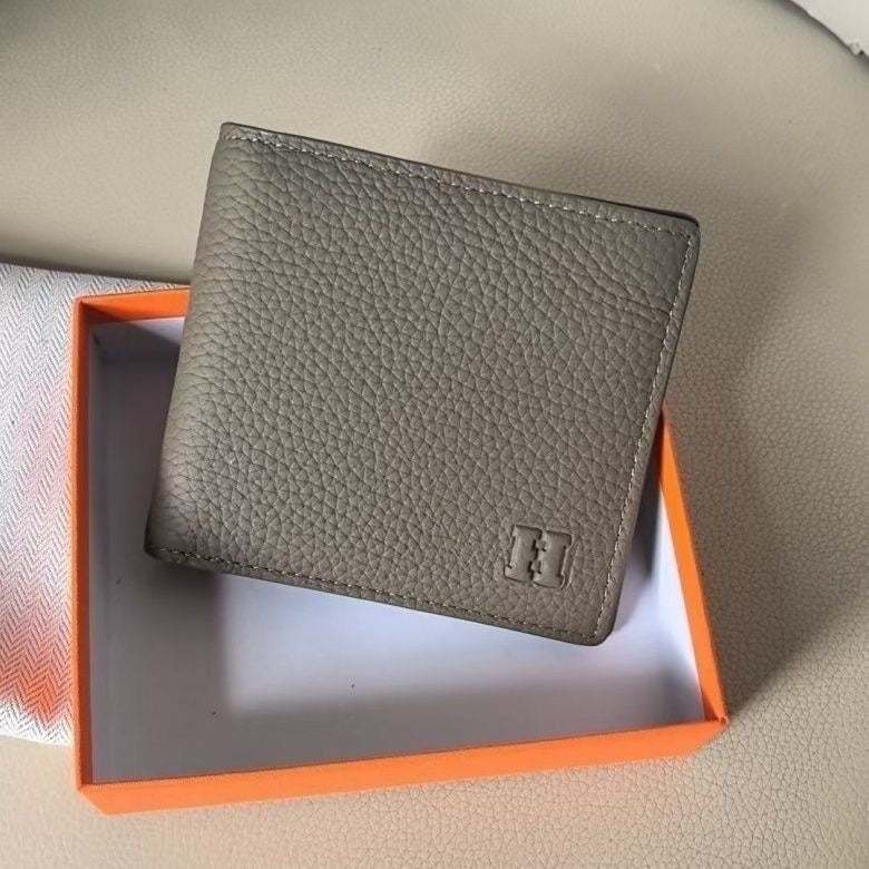 【#A607】Men's Grain Leather Bifold Wallet, Minimal Embossed Logo Multi-Card Slots Durable Purse