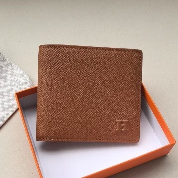 【#A607】Men's Grain Leather Bifold Wallet, Minimal Embossed Logo Multi-Card Slots Durable Purse