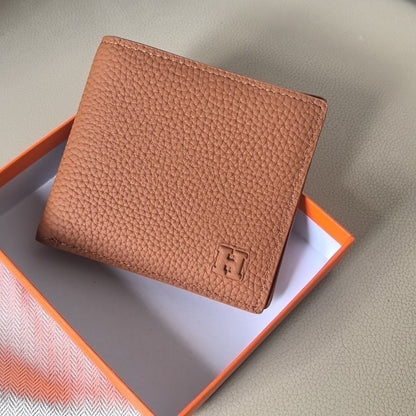 【#A607】Men's Grain Leather Bifold Wallet, Minimal Embossed Logo Multi-Card Slots Durable Purse