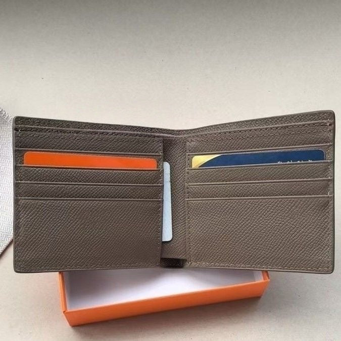 【#A607】Men's Grain Leather Bifold Wallet, Minimal Embossed Logo Multi-Card Slots Durable Purse