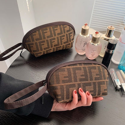 【#A608】Vintage All Over Jacquard Shell Makeup Bag, Portable Handheld Large Capacity Wash Storage Pouch