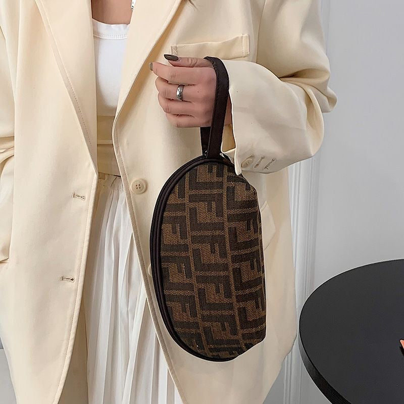 【#A608】Vintage All Over Jacquard Shell Makeup Bag, Portable Handheld Large Capacity Wash Storage Pouch