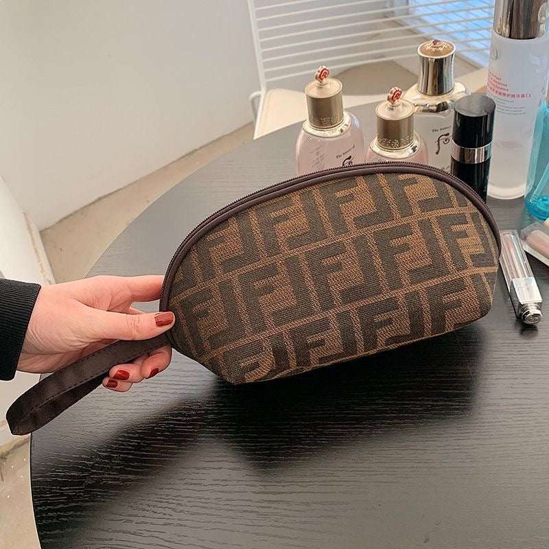 【#A608】Vintage All Over Jacquard Shell Makeup Bag, Portable Handheld Large Capacity Wash Storage Pouch
