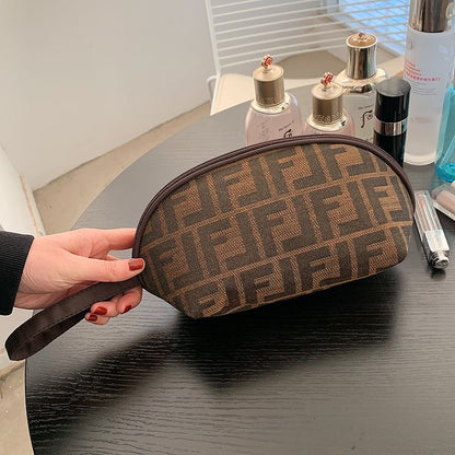 【#A608】Vintage All Over Jacquard Shell Makeup Bag, Portable Handheld Large Capacity Wash Storage Pouch