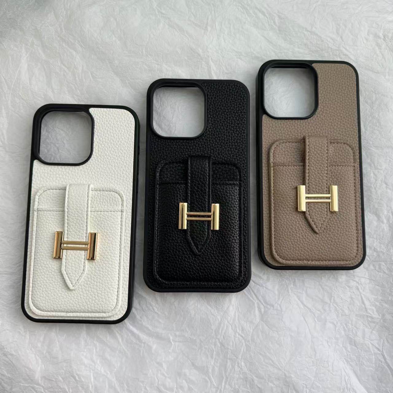 【#A609】Luxury Grain Leather Card Holder Phone Case, Metal Buckle Pocket Full Coverage Shockproof Cover
