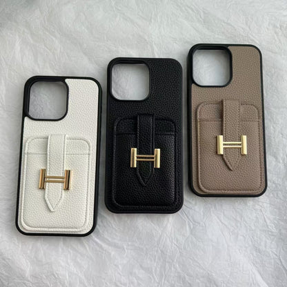 【#A609】Luxury Grain Leather Card Holder Phone Case, Metal Buckle Pocket Full Coverage Shockproof Cover