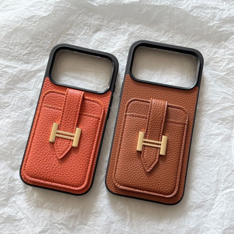 【#A609】Luxury Grain Leather Card Holder Phone Case, Metal Buckle Pocket Full Coverage Shockproof Cover