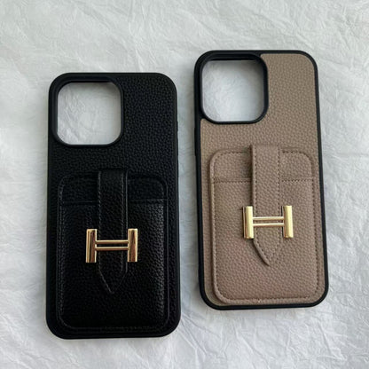 【#A609】Luxury Grain Leather Card Holder Phone Case, Metal Buckle Pocket Full Coverage Shockproof Cover