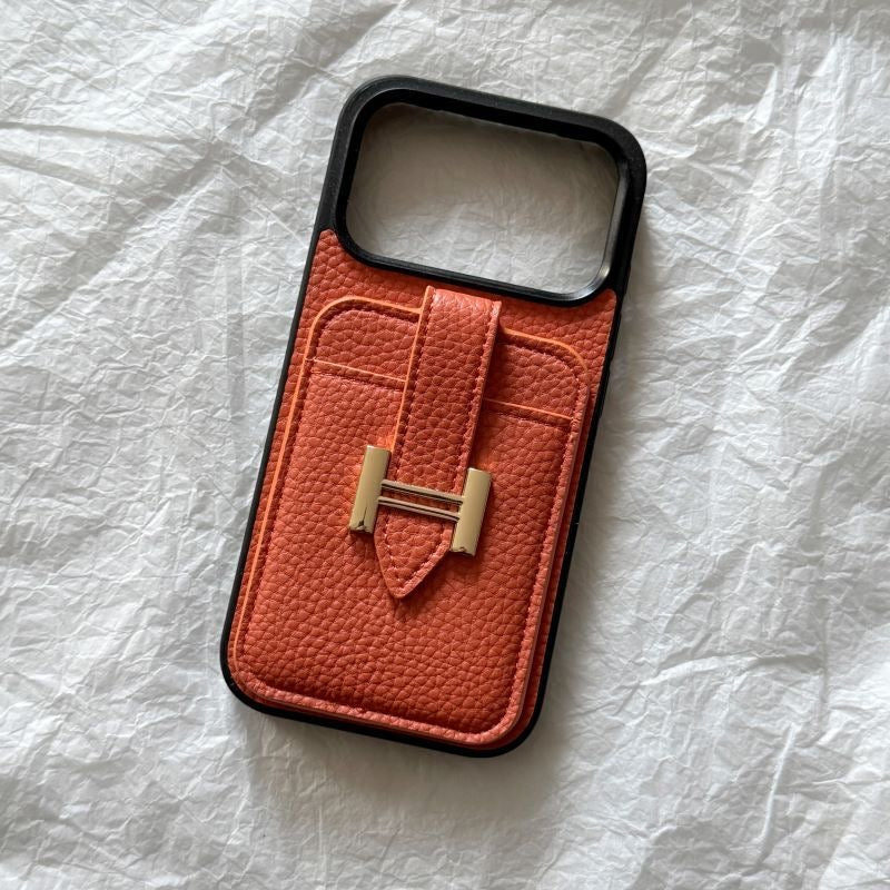 【#A609】Luxury Grain Leather Card Holder Phone Case, Metal Buckle Pocket Full Coverage Shockproof Cover