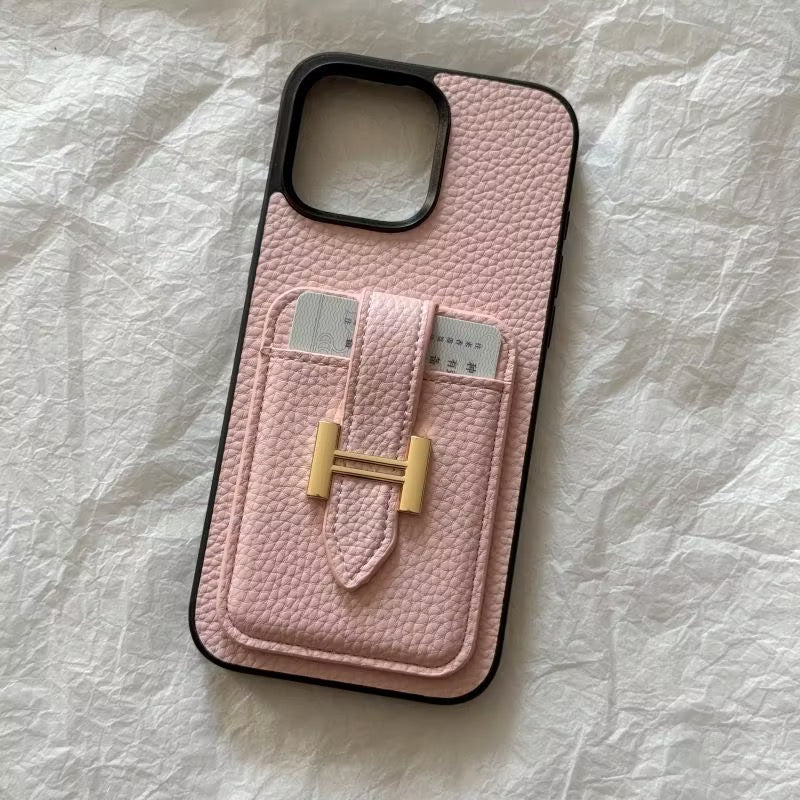 【#A609】Luxury Grain Leather Card Holder Phone Case, Metal Buckle Pocket Full Coverage Shockproof Cover