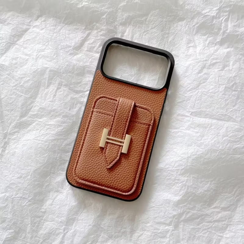 【#A609】Luxury Grain Leather Card Holder Phone Case, Metal Buckle Pocket Full Coverage Shockproof Cover