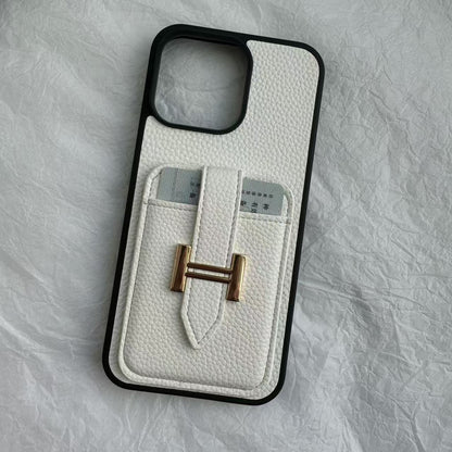 【#A609】Luxury Grain Leather Card Holder Phone Case, Metal Buckle Pocket Full Coverage Shockproof Cover