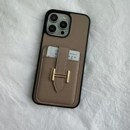 【#A609】Luxury Grain Leather Card Holder Phone Case, Metal Buckle Pocket Full Coverage Shockproof Cover