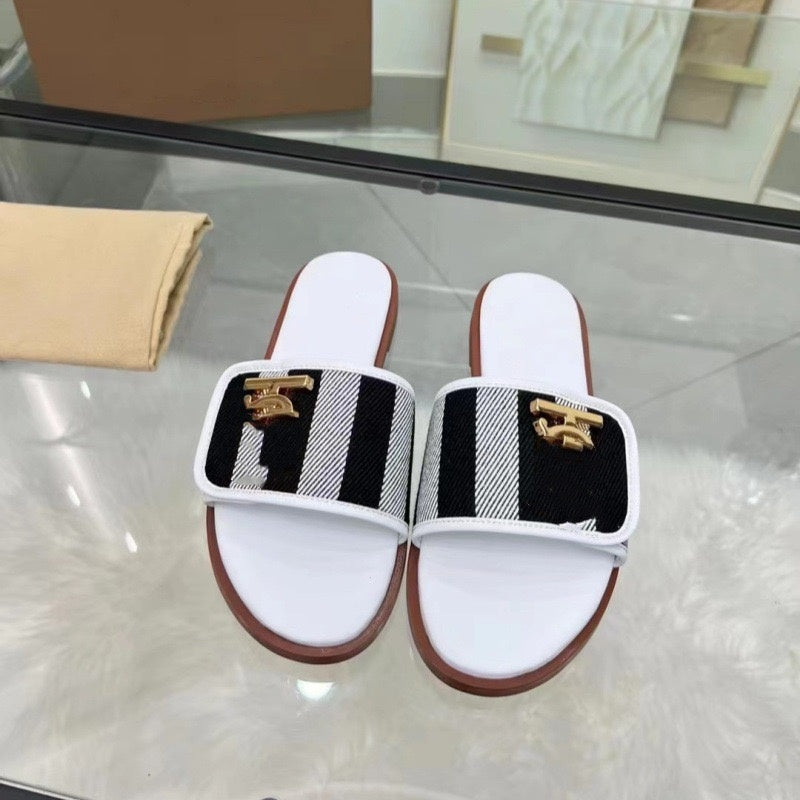 【#A613】Vintage Contrast Stripe Slide Sandals, Metal Ornament Flat Non-slip Outdoor Slippers