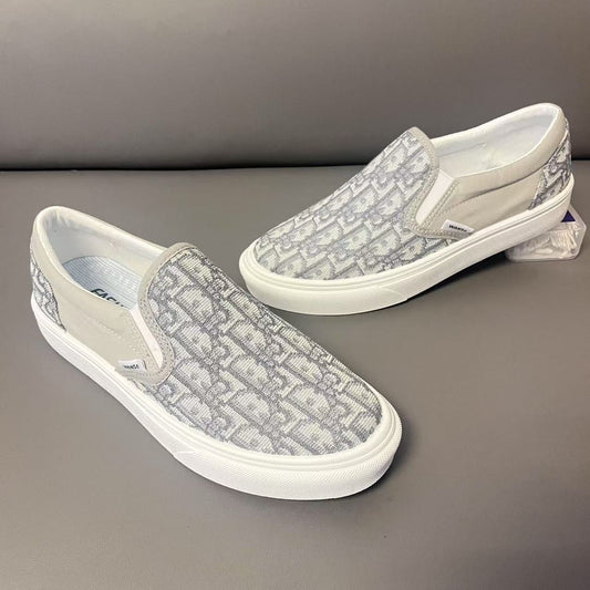 【#A615】Vintage All Over Jacquard Slip On Sneakers, Unisex Breathable Lightweight Casual Canvas Shoes