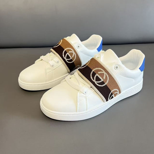 【#A616】Vintage Color Block Webbing White Sneakers, Unisex Lightweight Anti-slip Flat Casual Shoes