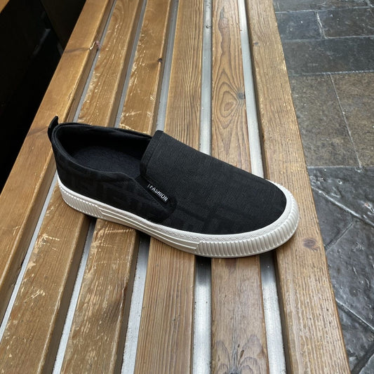 【#A620】Vintage All Over Jacquard Slip On Sneakers, Unisex Breathable Flat Casual Canvas Shoes