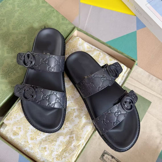 【#A622】Vintage Embossed Buckle Slide Sandals, Unisex Soft Leather Flat Outdoor Flip Cross Slippers