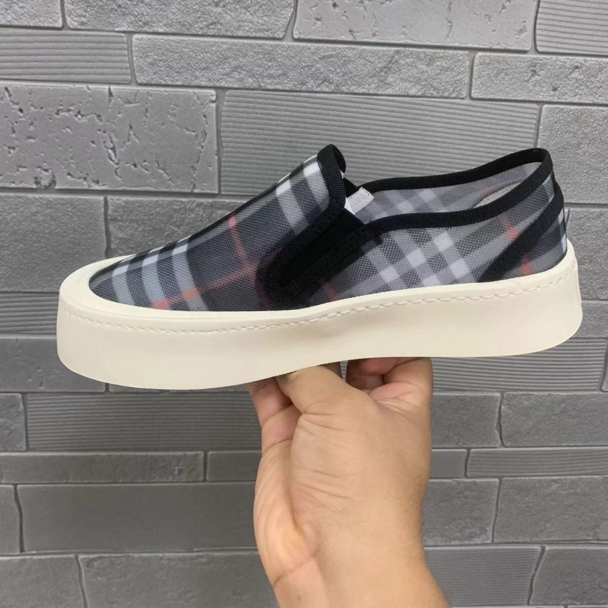 【#A625】Mesh Platform Slip On Sneakers, Unisex Summer Breathable Plaid Jacquard Casual Shoes