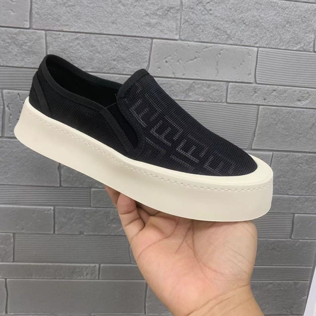 【#A625】Mesh Platform Slip On Sneakers, Unisex Summer Breathable Plaid Jacquard Casual Shoes