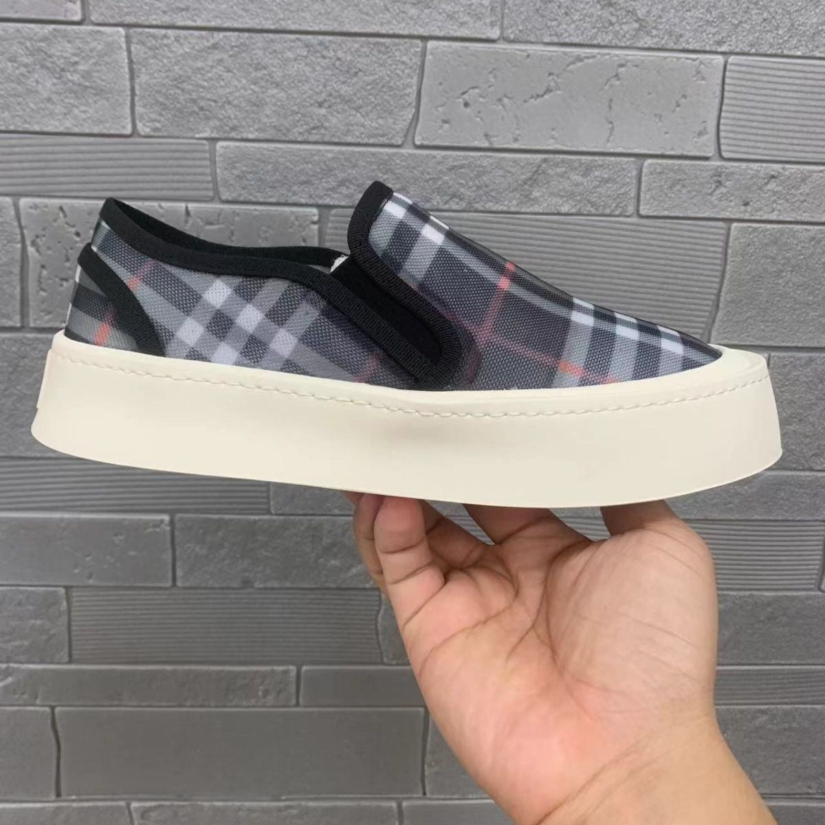 【#A625】Mesh Platform Slip On Sneakers, Unisex Summer Breathable Plaid Jacquard Casual Shoes