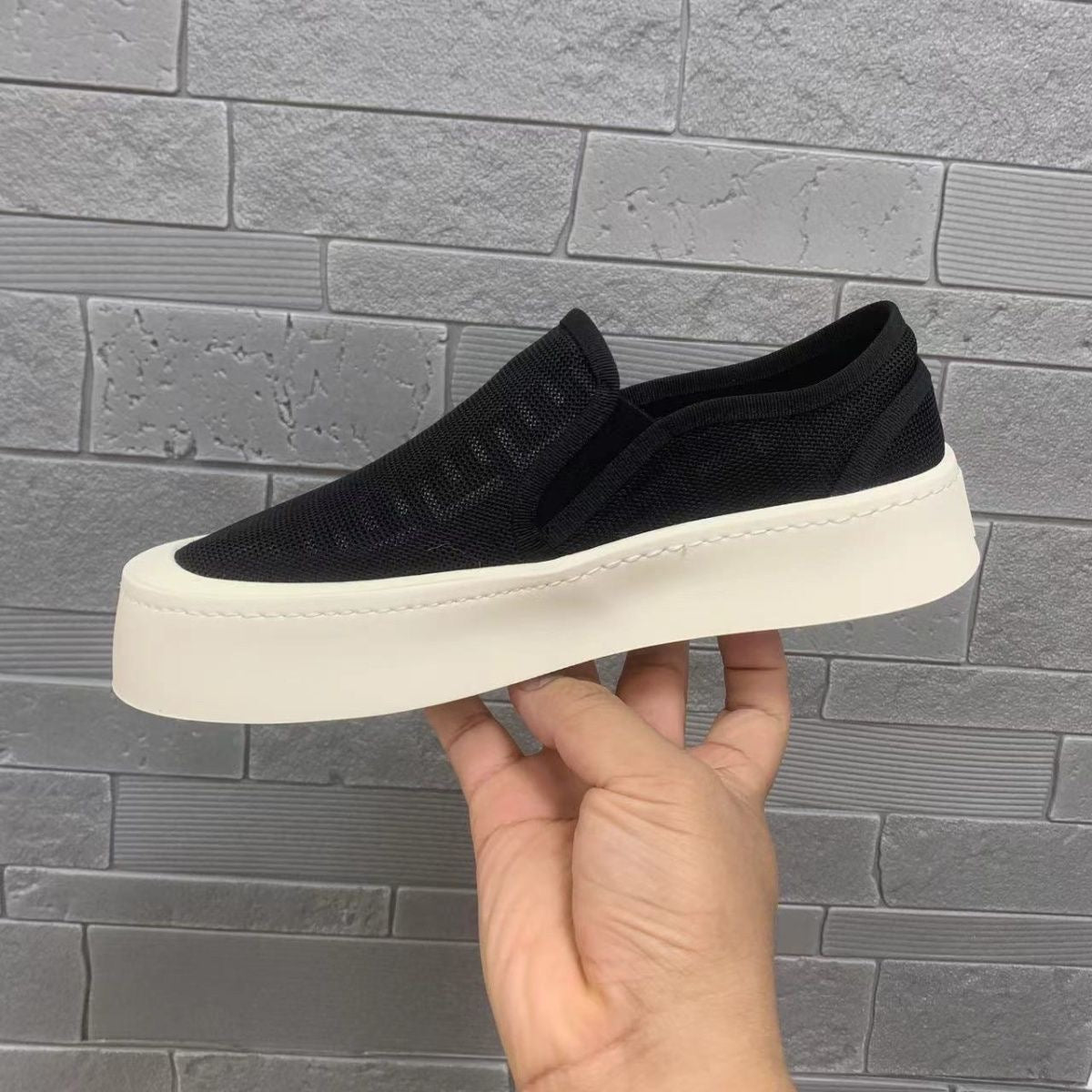 【#A625】Mesh Platform Slip On Sneakers, Unisex Summer Breathable Plaid Jacquard Casual Shoes