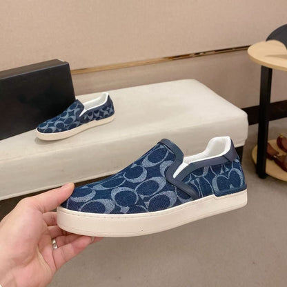 【#A626】Vintage Circular Monogram Slip On Sneakers, Unisex Denim Breathable Flat Casual Loafers