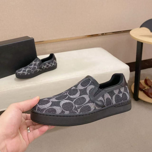 【#A626】Vintage Circular Monogram Slip On Sneakers, Unisex Denim Breathable Flat Casual Loafers