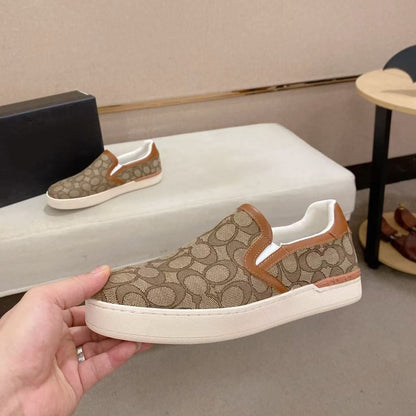 【#A626】Vintage Circular Monogram Slip On Sneakers, Unisex Denim Breathable Flat Casual Loafers