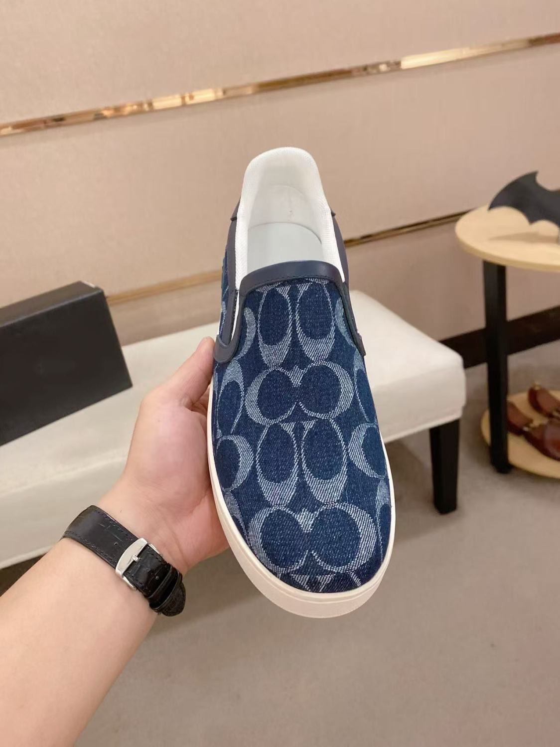 【#A626】Vintage Circular Monogram Slip On Sneakers, Unisex Denim Breathable Flat Casual Loafers