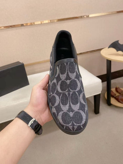 【#A626】Vintage Circular Monogram Slip On Sneakers, Unisex Denim Breathable Flat Casual Loafers