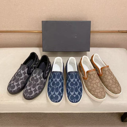 【#A626】Vintage Circular Monogram Slip On Sneakers, Unisex Denim Breathable Flat Casual Loafers