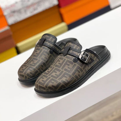 【#A627】Vintage Geometric Print Mule Clogs, Unisex Buckle Platform Slip-On Outdoor Slides