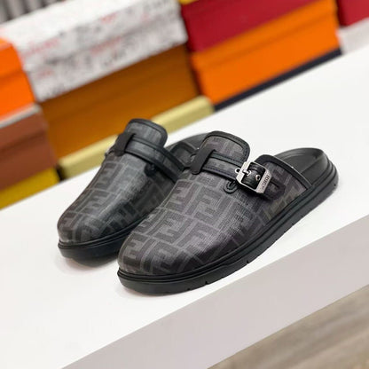 【#A627】Vintage Geometric Print Mule Clogs, Unisex Buckle Platform Slip-On Outdoor Slides