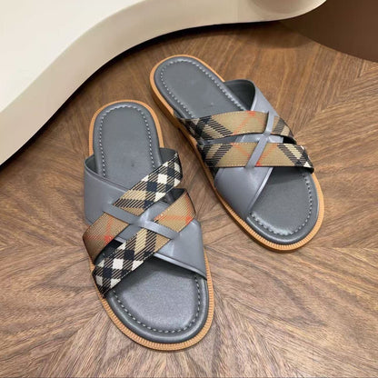 【#A628】Vintage Plaid Cross Strap Slide Sandals, Unisex Soft Leather Anti-slip Flat Outdoor Slippers
