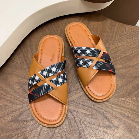 【#A628】Vintage Plaid Cross Strap Slide Sandals, Unisex Soft Leather Anti-slip Flat Outdoor Slippers
