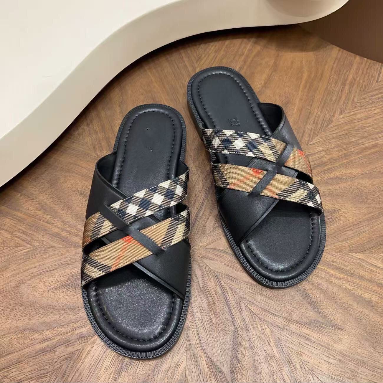 【#A628】Vintage Plaid Cross Strap Slide Sandals, Unisex Soft Leather Anti-slip Flat Outdoor Slippers