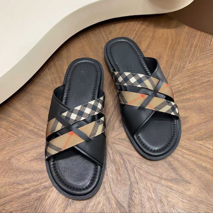 【#A628】Vintage Plaid Cross Strap Slide Sandals, Unisex Soft Leather Anti-slip Flat Outdoor Slippers