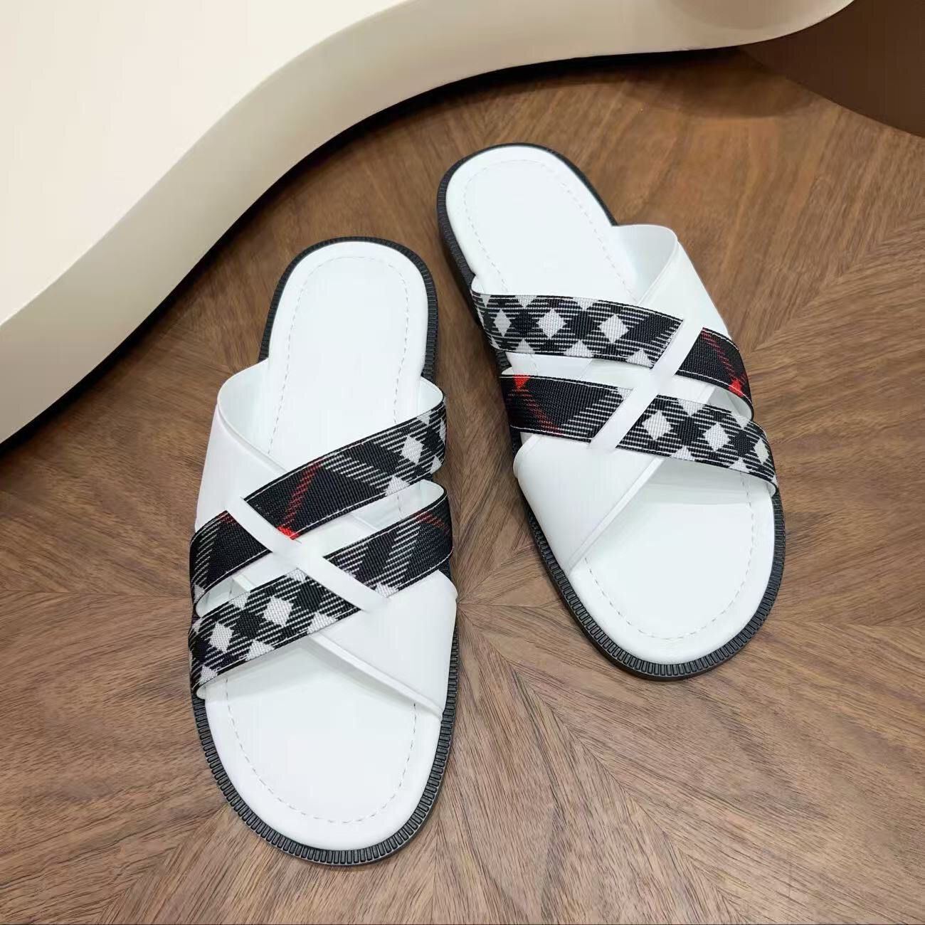 【#A628】Vintage Plaid Cross Strap Slide Sandals, Unisex Soft Leather Anti-slip Flat Outdoor Slippers