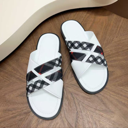 【#A628】Vintage Plaid Cross Strap Slide Sandals, Unisex Soft Leather Anti-slip Flat Outdoor Slippers