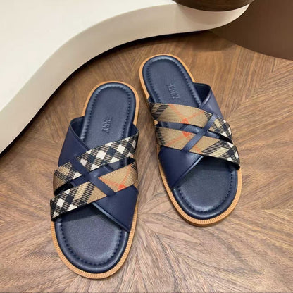 【#A628】Vintage Plaid Cross Strap Slide Sandals, Unisex Soft Leather Anti-slip Flat Outdoor Slippers