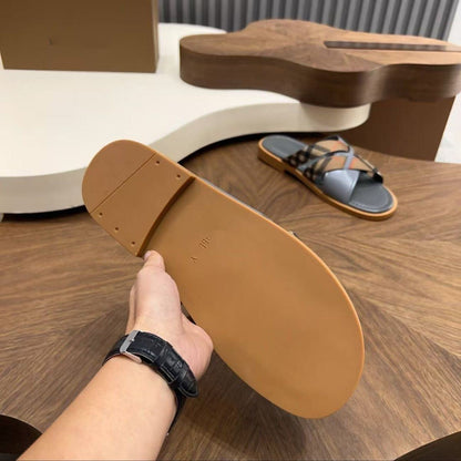 【#A628】Vintage Plaid Cross Strap Slide Sandals, Unisex Soft Leather Anti-slip Flat Outdoor Slippers